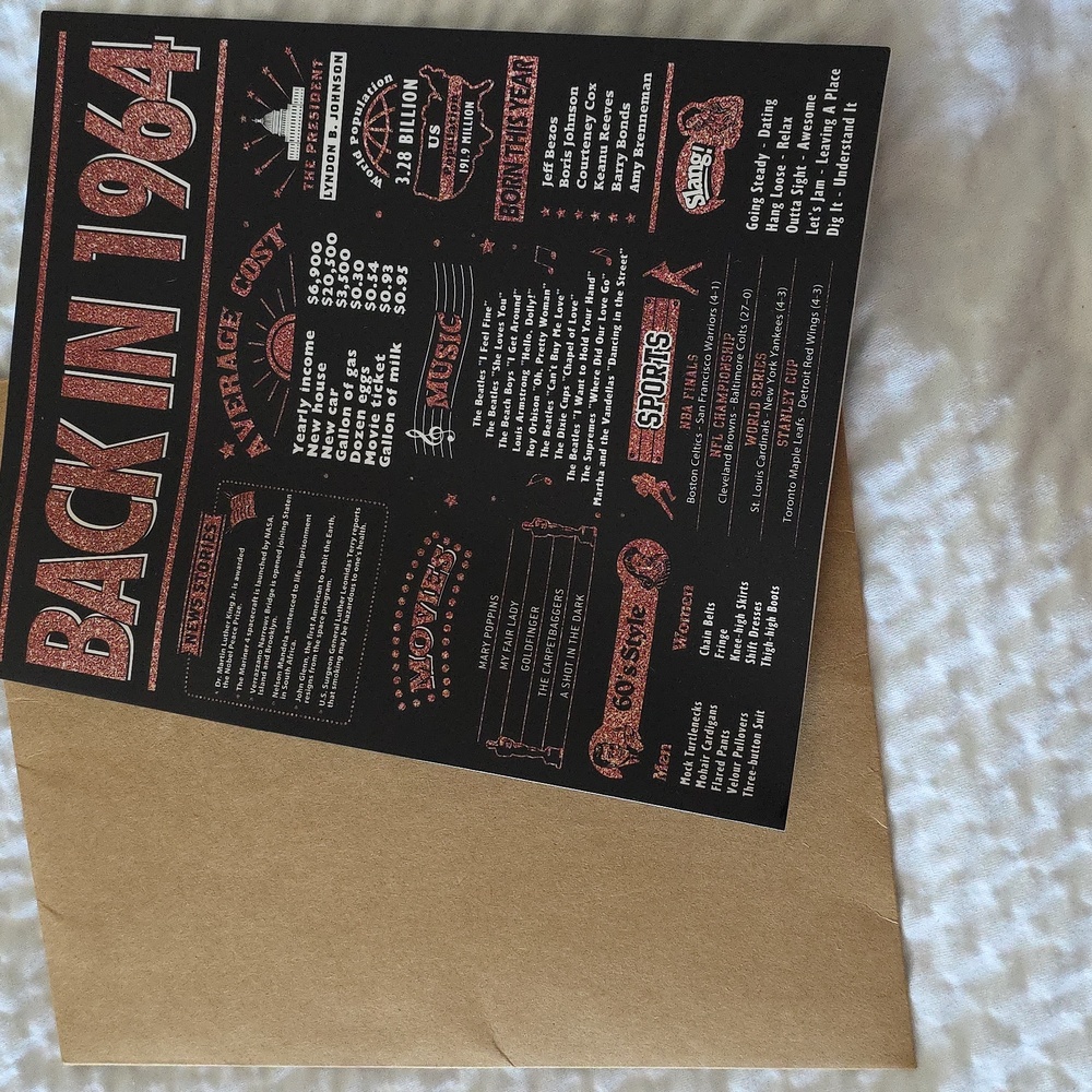 Vintage Style Birthday Card with Black and Red Design Back In 1964